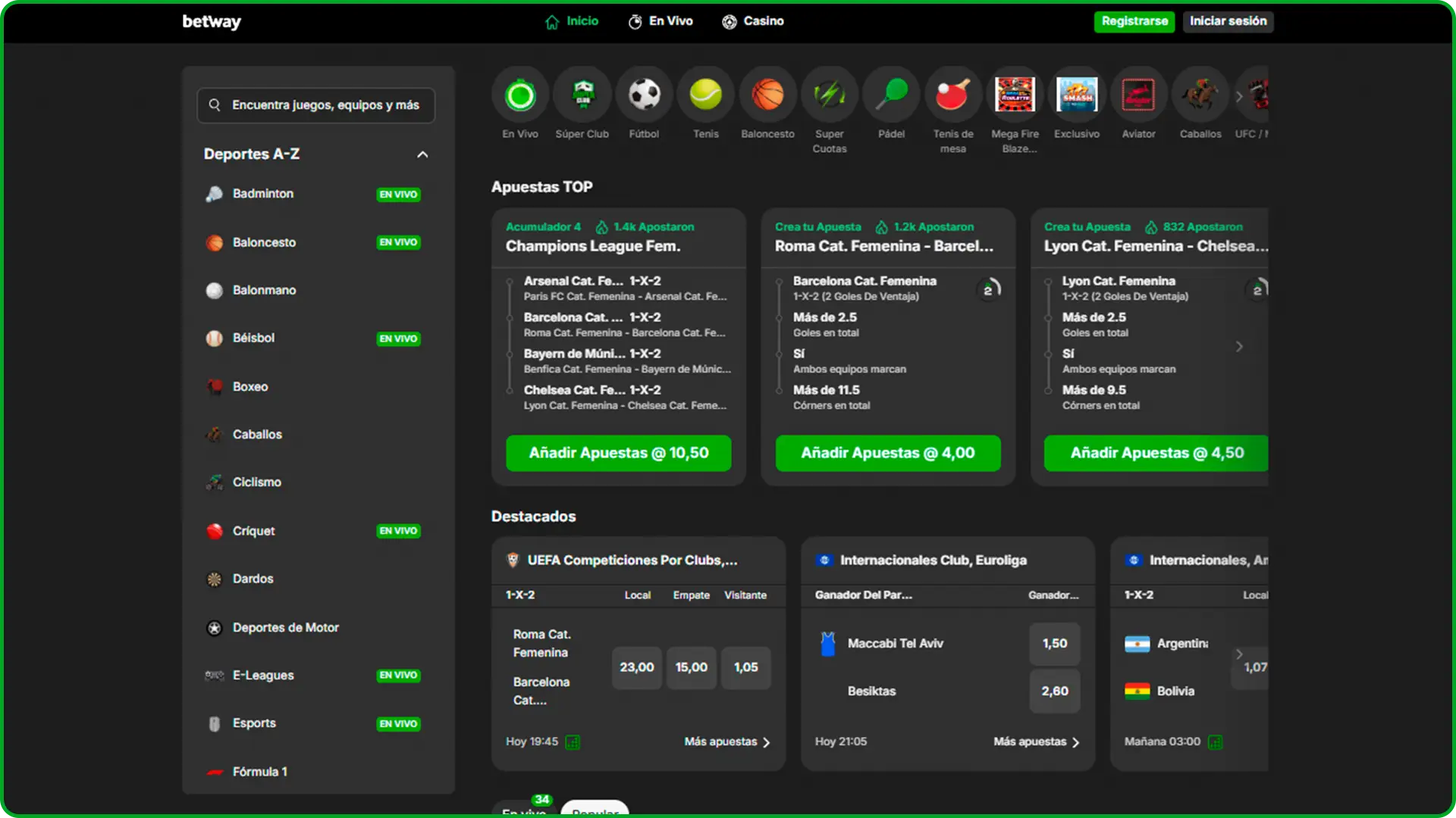 Consulta las cuotas y los eventos en Betway.