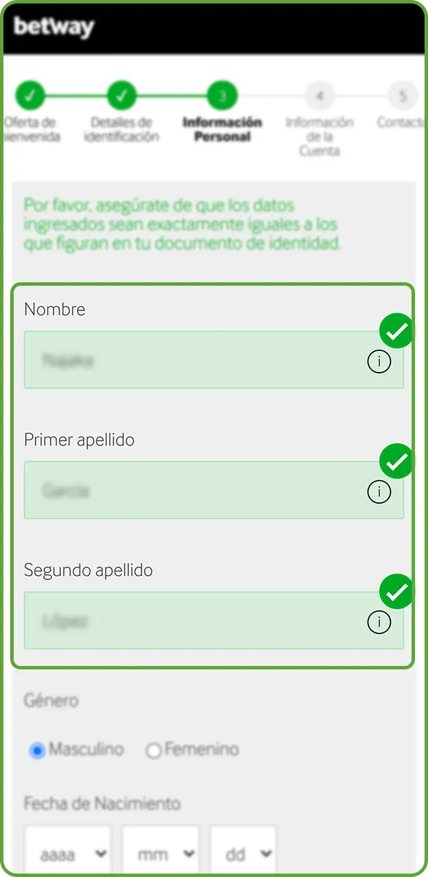 Rellena todos los campos obligatorios al registrarte en Betway.