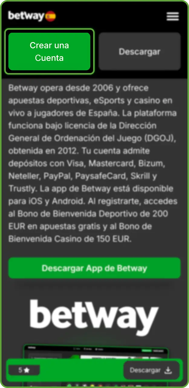 Empieza a registrarte en Betway.