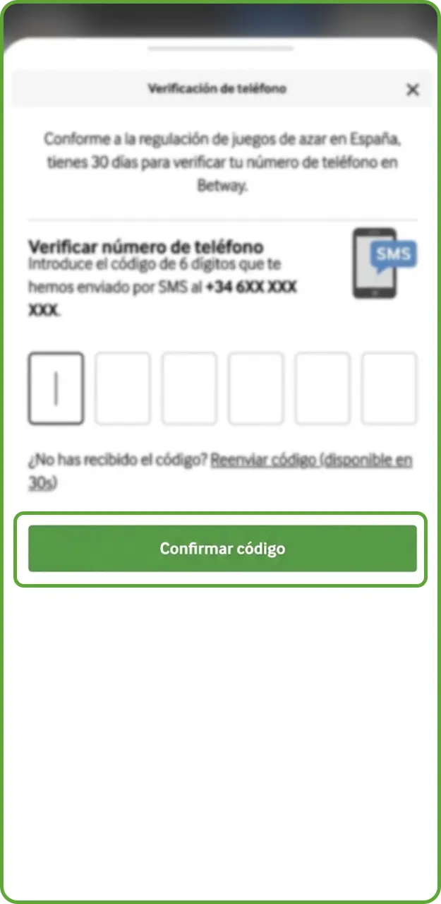 Confirma tu número de teléfono y accede a tu cuenta en Betway.